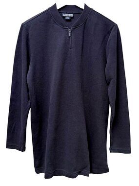LANDS END Womens Top Medium Navy Blue 1/4 Zip Cotton Rib Knit Pullover Casual